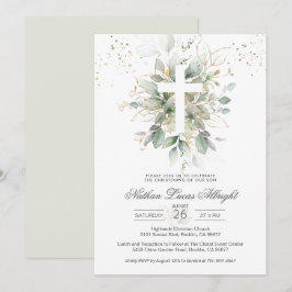 Greenerage Foliage Cross Baby Christening Convite
