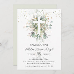 Greenerage Foliage Cross Baby Christening Convite