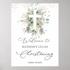 Greenerage Foliage Cross Baby Christening Poster