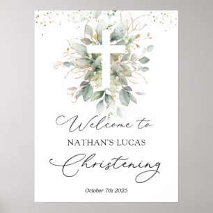 Greenerage Foliage Cross Baby Christening Poster