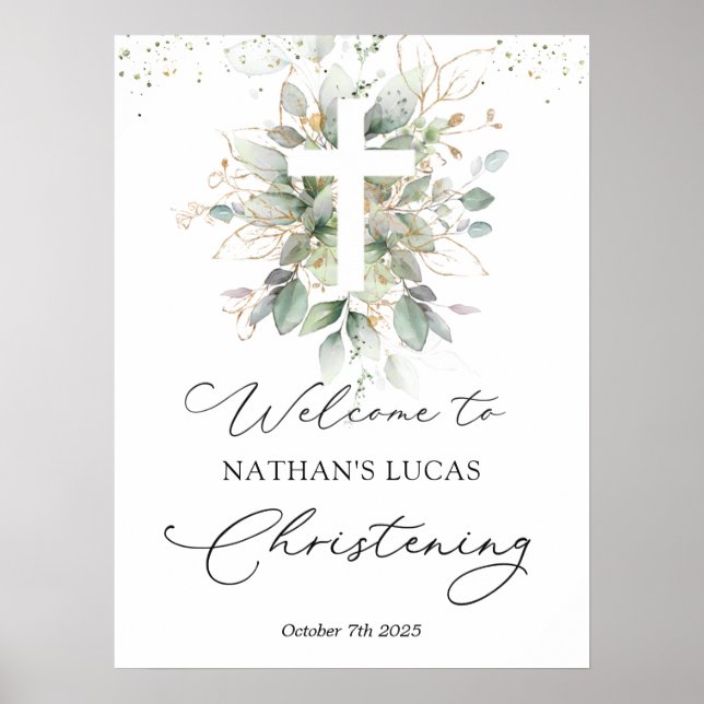 Greenerage Foliage Cross Baby Christening Poster (Frente)