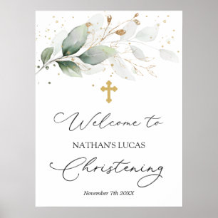 Greenerage Foliage Cross Baby Christening Poster