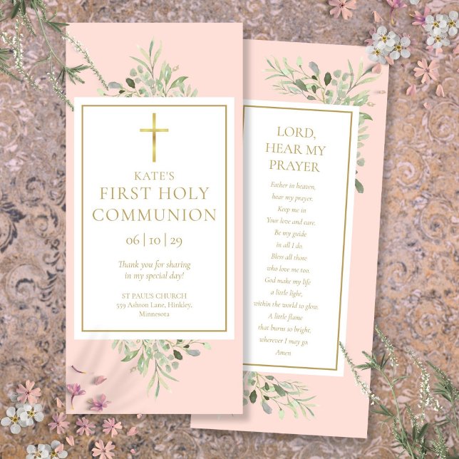 Greenerescência Rosa Santa Sagrada Comunhão Cartaz (Greenery Pink Holy Communion Prayer Card Bookmark)