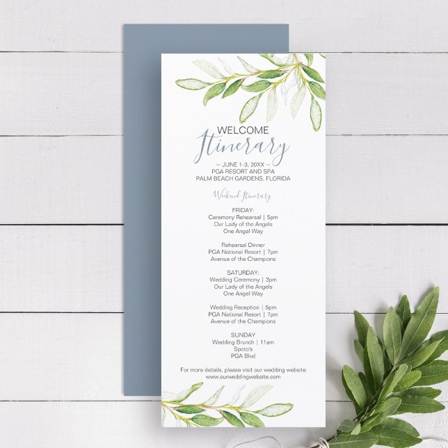 Greenering Wedding Weekend Itinerário para Convida (Wedding welcome itinerary Unique Bespoke Watercolor Greenery art by Victoria Grigaliunas)