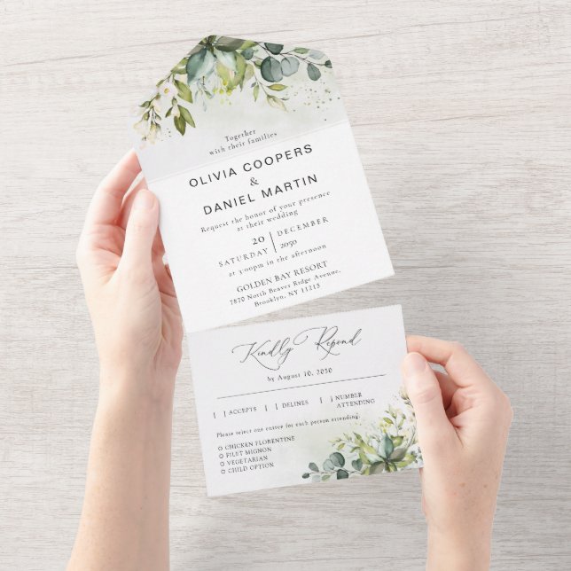 Greenery All in One Wedding Convite (Tearaway)