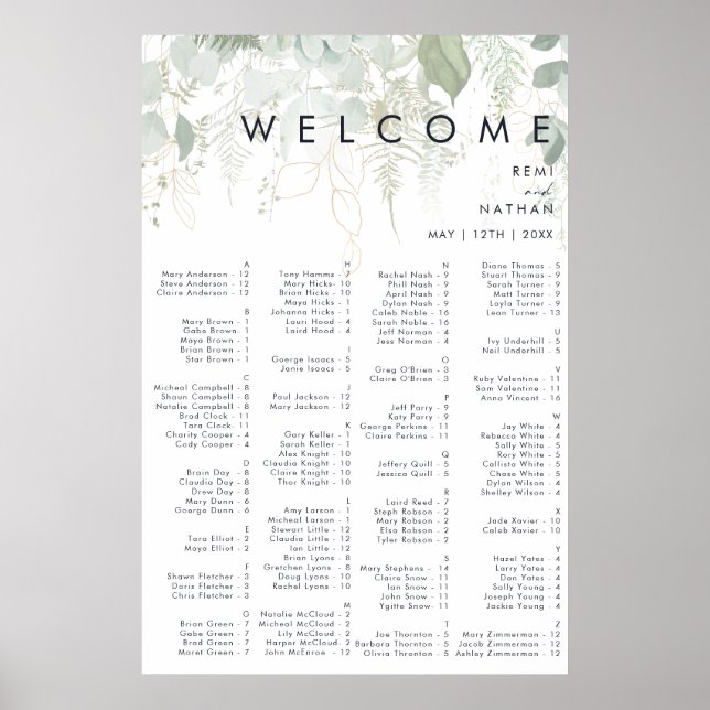 Greenery and Gold Leaf Alphabetical Seating Poster (Frente)