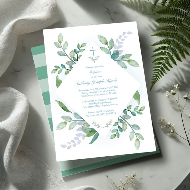 Greenery Baptism Convites (Baptism invitations boy watercolor greenery)