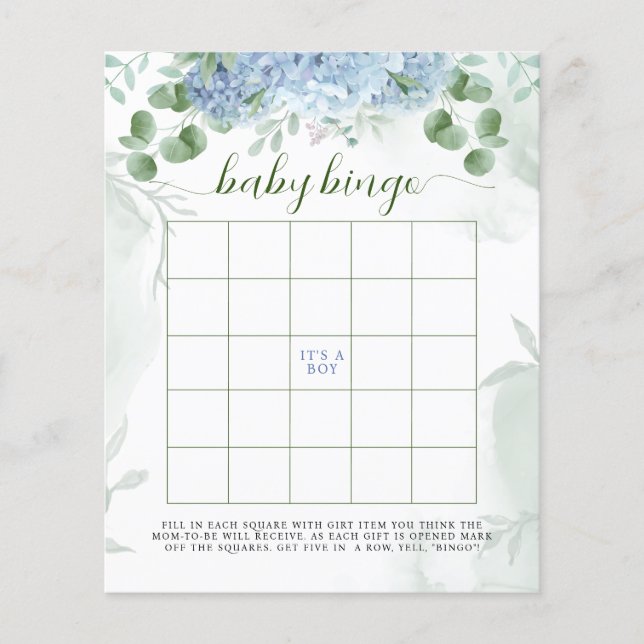 Greenery Blue hydrangea Baby Bingo Chá de fraldas (Frente)