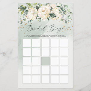 Greenery Boho White Roses - Jogo de Bingo Floral