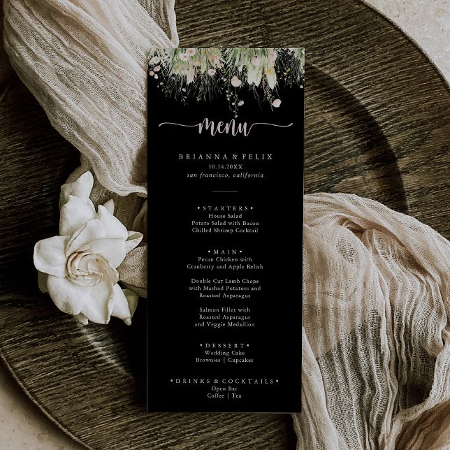 Greenery Boho Wildflower Black Menu Janto (Criador carregado)