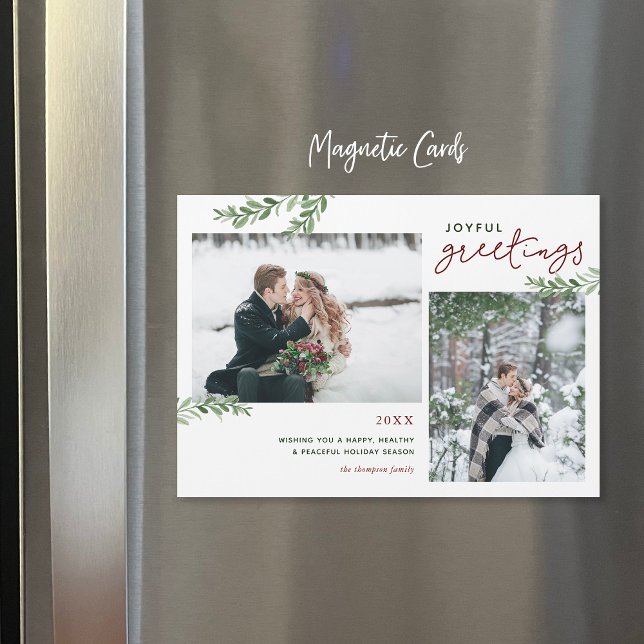 Greenery Branches 2 Photo Magnetic Holiday Card (Criador carregado)