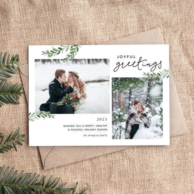 Greenery Branches 2 Photo Magnetic Holiday Card (Criador carregado)