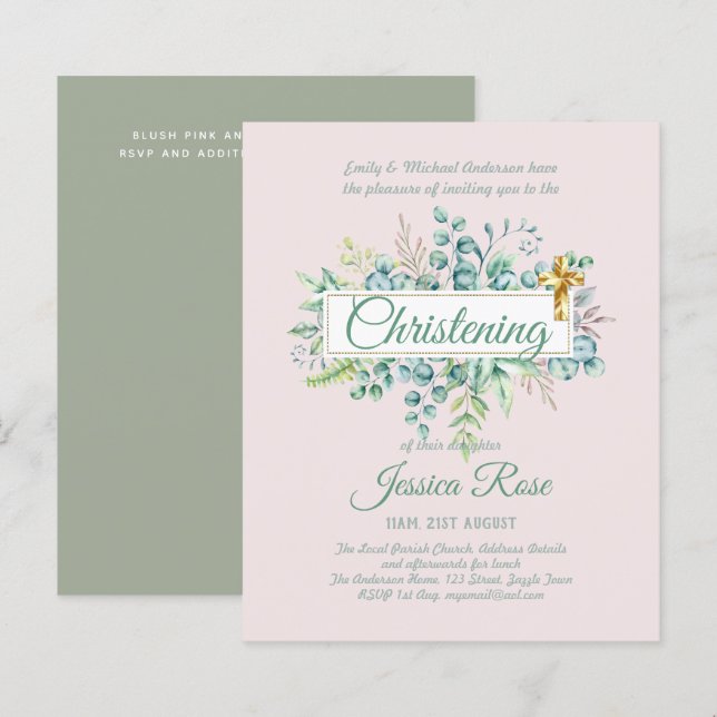 Greenery Christening Convida Baptism Bautizo Leafy (Frente/Verso)