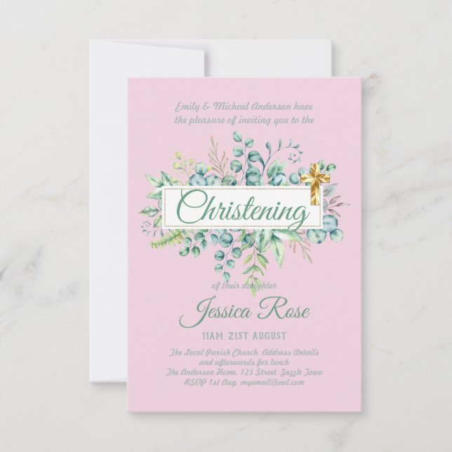 Greenery Christening Convida Baptism Bautizo Leafy (Frente)
