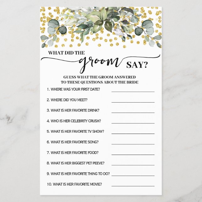 Greenery Dourado O que o Groom disse o cartão de j (Frente)