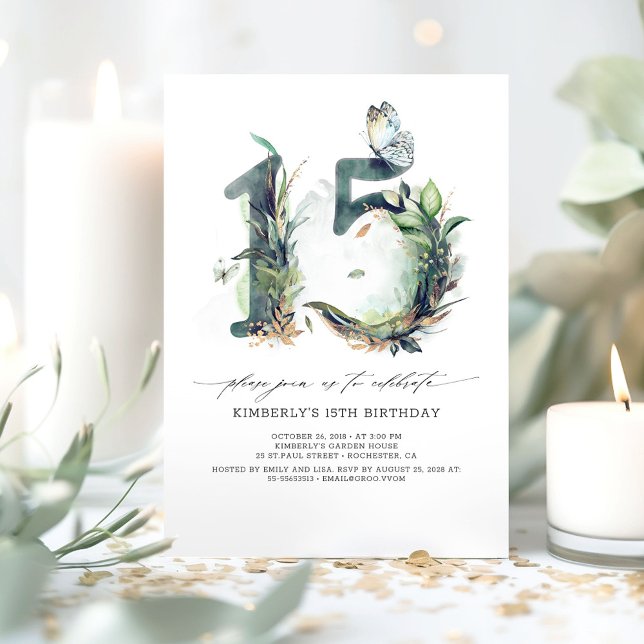 Greenery e Dourado Convite de Aniversário para 15 (Greenery 15th Birthday Invitations )