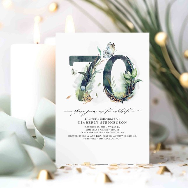 Greenery e Dourado Convite de Aniversário para 70 (70th birthday invitations with beautiful greenery)