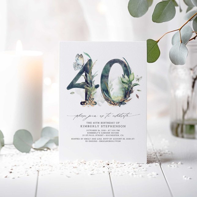 Greenery e Dourado Convite para aniversário de 40  (Greenery 40th Birthday Invitations)
