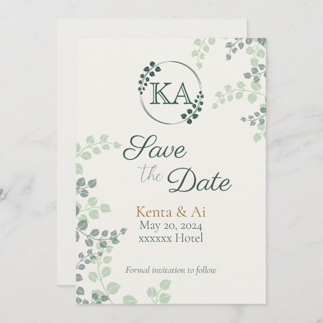 Greenery e Monograma Casado Salvar o Cartão de Dat (Frente/Verso)