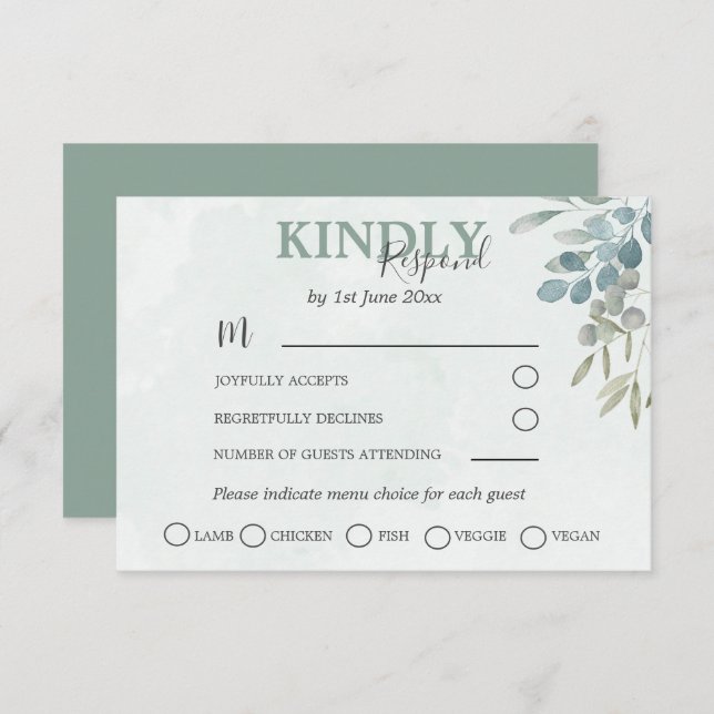 Greenery Eucalyptus Dusty Blue Wedding RSVP (Frente/Verso)