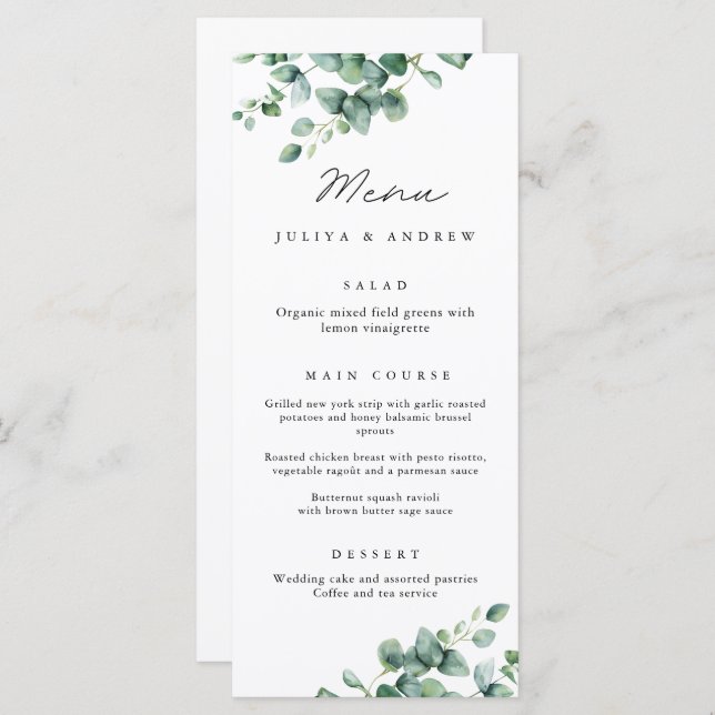 Greenery Eucalyptus script Wedding Menu card (Frente/Verso)