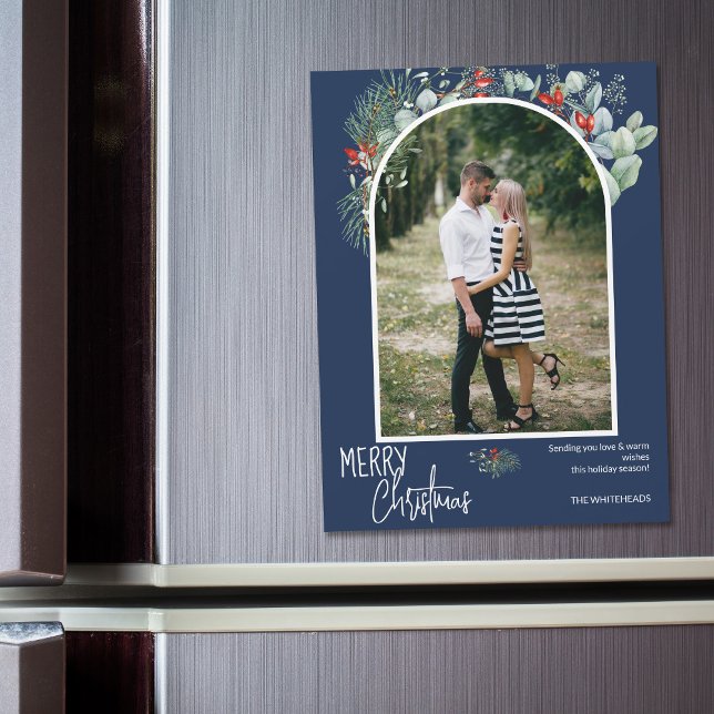 Greenery Felry Christmas Arch Photo Marinho Blue (You will love these beautiful Christmas cards! They feature botanical watercolor pine and berries.)