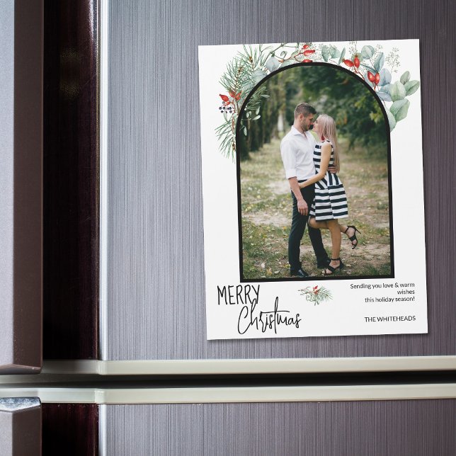 Greenery Felry Christmas Arch Photo White (You will love these beautiful Christmas cards! They feature botanical watercolor pine and berries.)