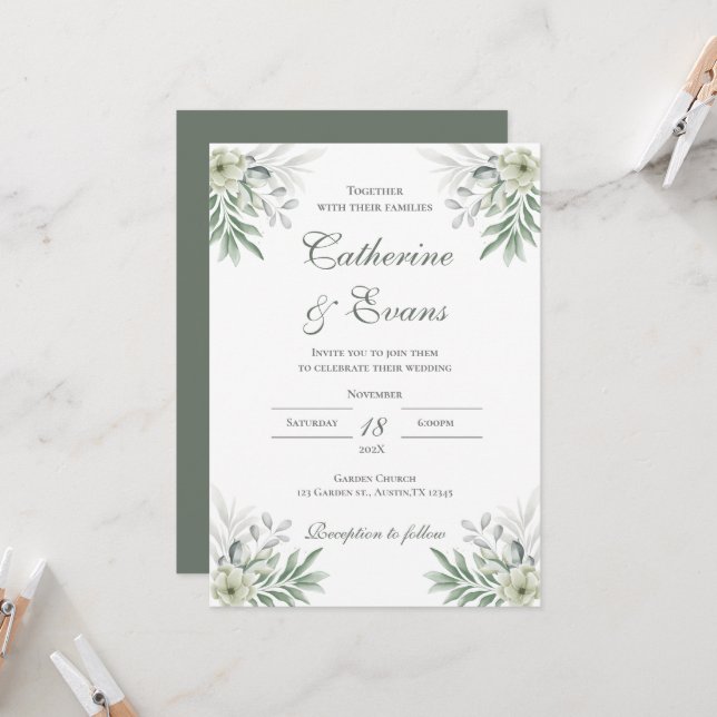 Greenery FLoral Convite de casamento (Frente/Verso In Situ)