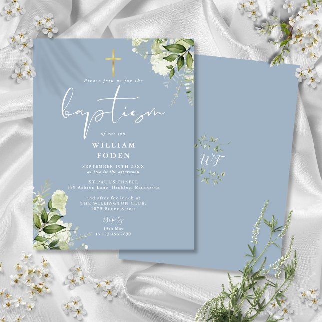 Greenery Floral Dusty Blue Baptism Convite (Greenery Floral Dusty Blue Baptism Invitation Postcard)