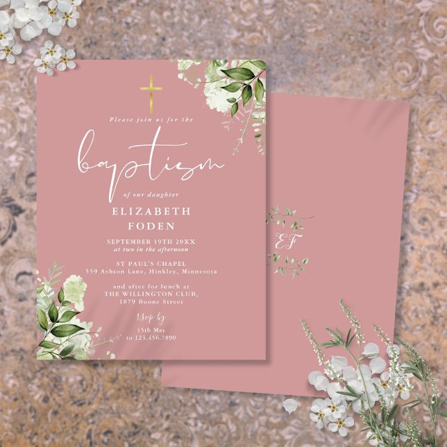Greenery Floral Dusty Rosa Pink Baptism Convite (Greenery Floral Dusty Rose Pink Baptism Invitation Postcard)