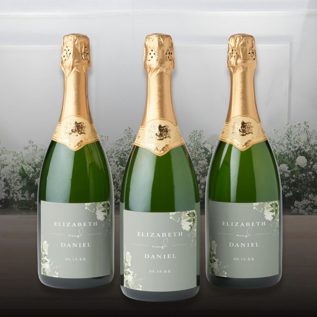 Greenery Floral Elegante Sage Casamento Verde (Greenery Floral Elegant Sage Green Wedding Sparkling Wine Label)