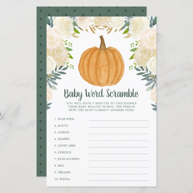 Greenery Floral Pumpkin Fall Word Scramble Game (Frente/Verso)