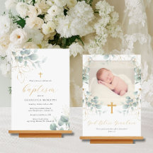 Greenery Gold Foil Baptism Convite com Foto