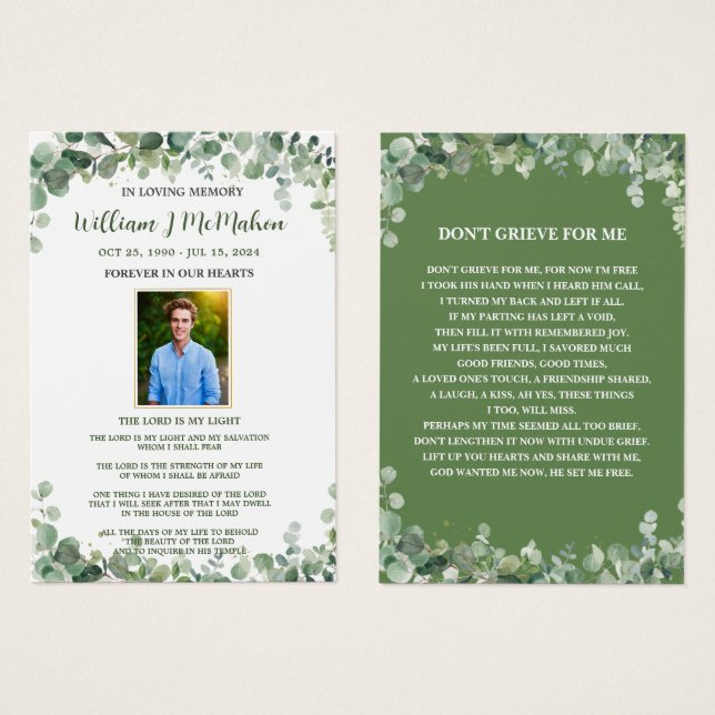 Greenery Green Photo Funeral Memorial Bookmark (Frente & Verso)
