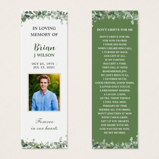 Greenery Green Photo Funeral Memorial Bookmark (Frente & Verso)