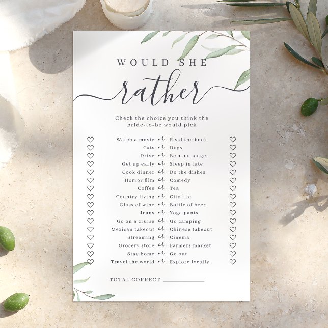 Greenery jogo de chá de noiva 'ela preferiria' (Greenery would she rather bridal shower game)