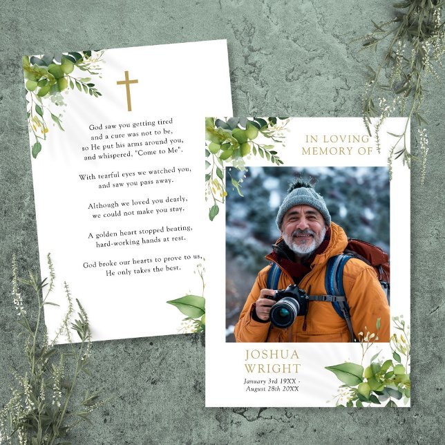 Greenery Memorial Funeral Cartão com fotos de Oraç (Greenery Memorial Funeral Prayer Photo Card)