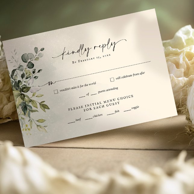 Greenery Minimalist Script Wedding RSVP Reply Card (Criador carregado)