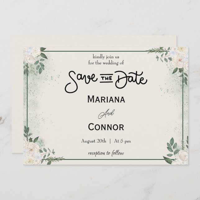 Greenery Mínimo Salvar O Convite De Data (Frente/Verso)