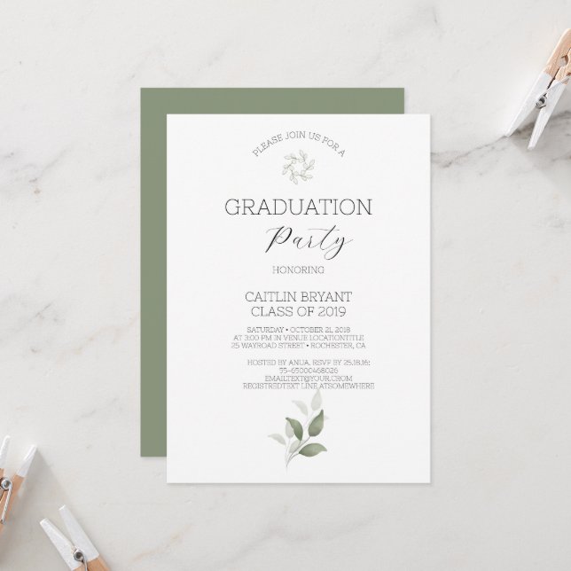 Greenery Modern Graduation Convite (Frente/Verso In Situ)