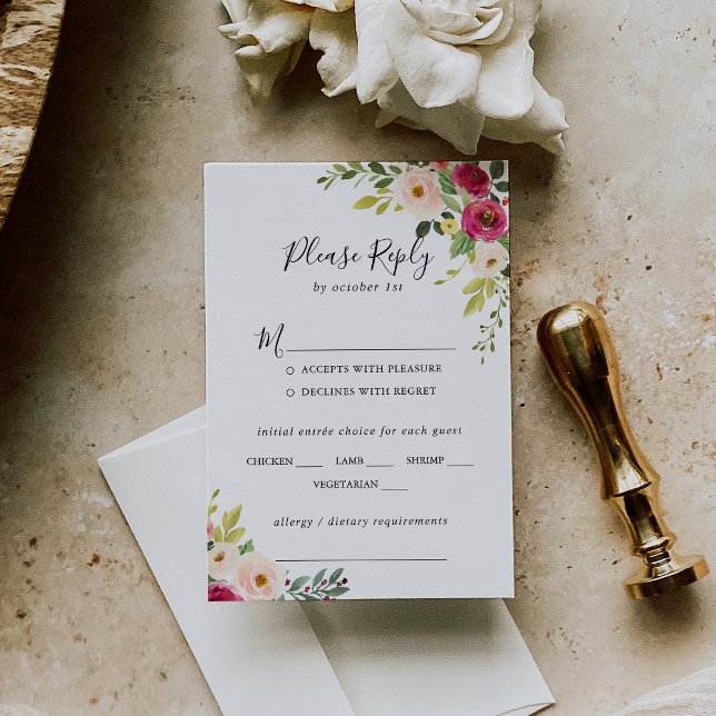 Greenery Pink Floral Wedding Menu Choice RSVP (Criador carregado)