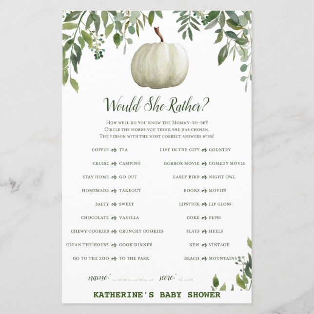 Greenery Pumpkin - Jogo de Chá de fraldas IMPRESSO (Frente)