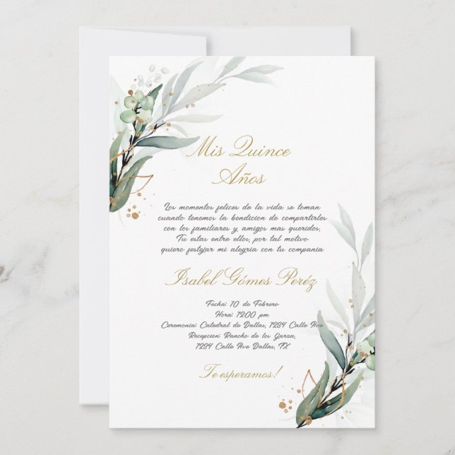 Greenery Quinceanera convite em espanhol (Frente)