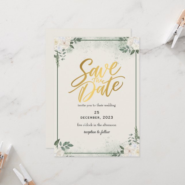 Greenery Romântico Guarde o Convite de Data (Frente/Verso In Situ)