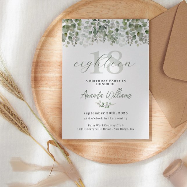 Greenery Sage Green 18º Convite de Aniversário (Criador carregado)