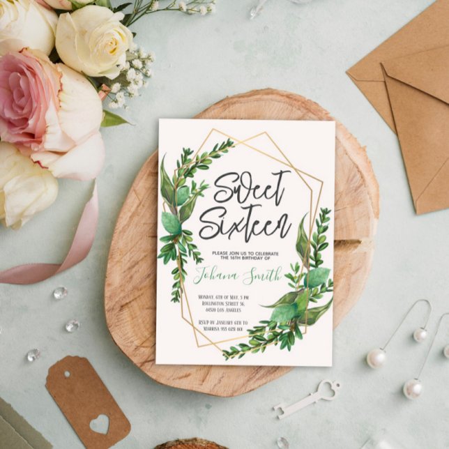 Greenery Sweet 16 16 - Convite de Aniversário (Criador carregado)