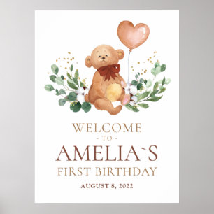Greenery Teddy Bear Boas-vindas Poster de anivers