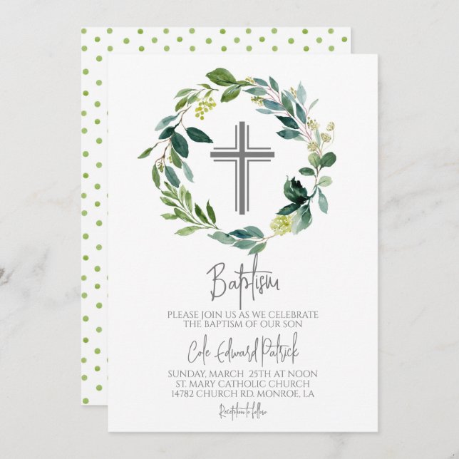 Greenery Wreath Baptism Convite (Frente/Verso)
