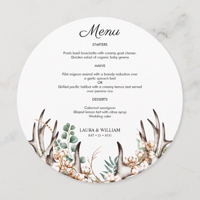 Greeneryptus deixa Antler Boho Round Menu (Frente)