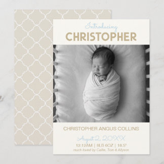 Greige Modern Quatrefoil Birth Announcement Card